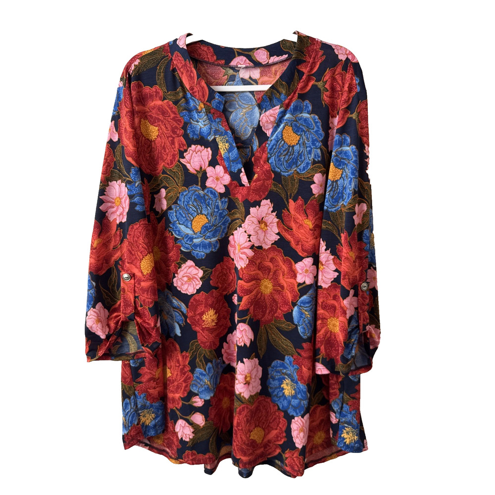 Women’s Plus 3X Cottagecore Fall Floral Slinky Roll Tab Tunic Boho Chic Travel